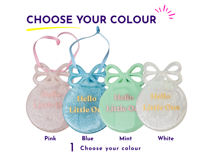 Colour options for the resin baby keepsake including pink, mint, pearl blue, iridescent white