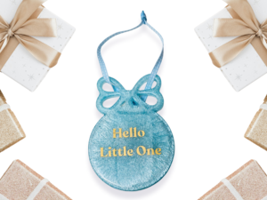 Blue handmade resin new baby bow keepsake with gold Hello Little One lettering and ribbon hanging loop