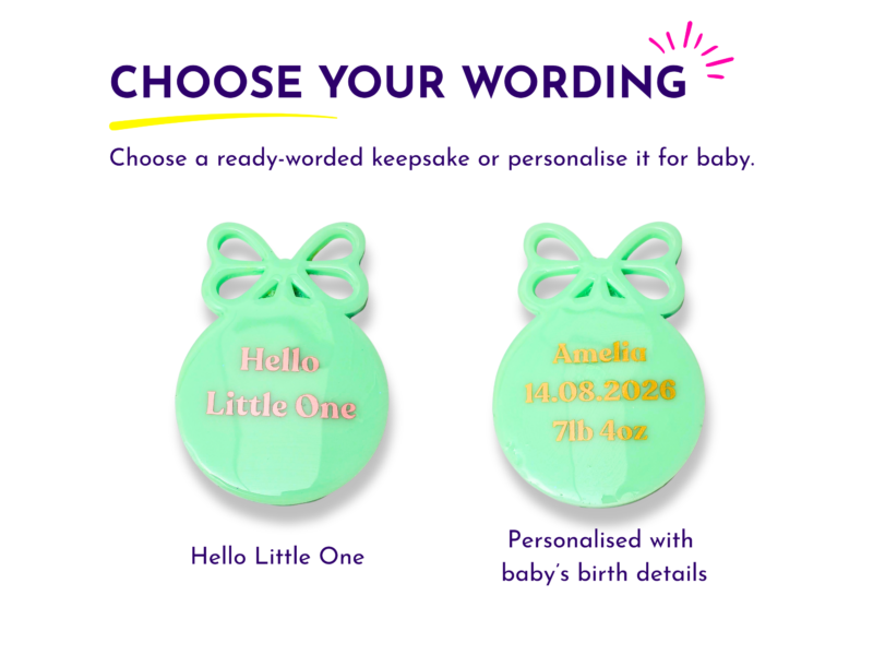 Two resin baby keepsakes showing Hello Little One wording and personalised baby name birth date and weigh