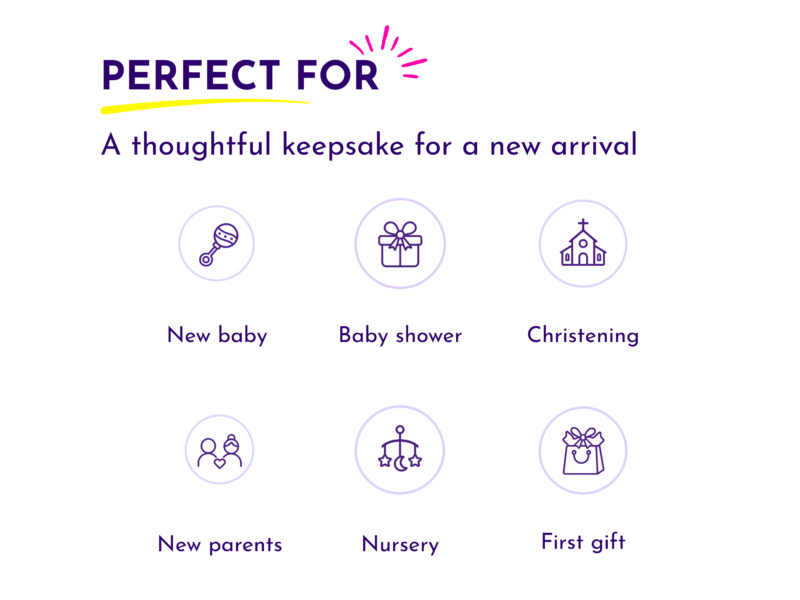 New baby keepsake shown as a gift for baby showers christenings new parents nurseries and first gifts