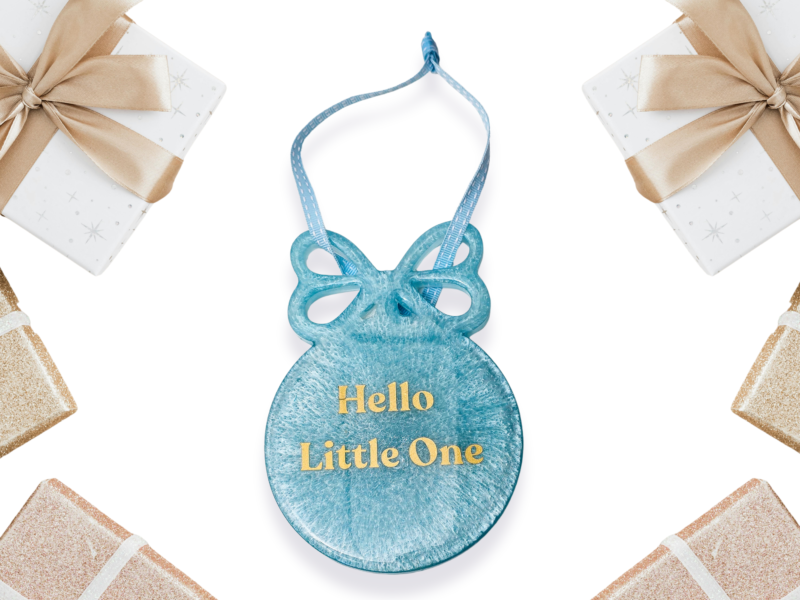 Blue handmade resin new baby bow keepsake with gold Hello Little One lettering and ribbon hanging loop