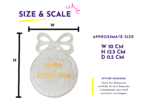 Size guide for resin baby bow keepsake showing 10 cm wide 13.5 cm high and 8 mm thick