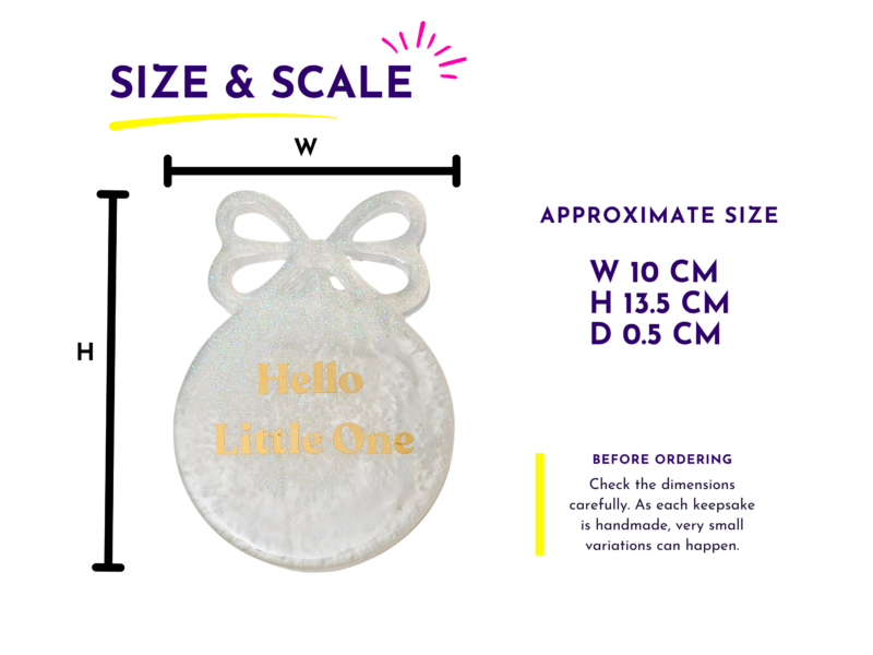 Size guide for resin baby bow keepsake showing 10 cm wide 13.5 cm high and 8 mm thick