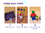 Three-step Brick Buddy painting guide showing the kit opened, a figure being painted by hand and finished colourful figures.