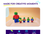 Finished painted Brick Buddy figures in different colours and designs, including floral, space, dinosaur, rainbow and superhero styles.