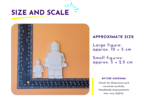 Large and small Brick Buddy figures beside rulers showing approximate sizes of 10 by 5 cm and 5 by 2.5 cm.