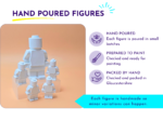 Unpainted hand-poured Brick Buddy figures shown together with information about preparation, checking and handmade variation.
