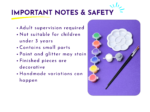 Brick Buddy craft kit safety information covering adult supervision, small parts, staining and decorative finished figures.