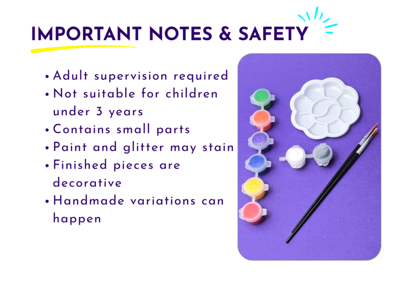 Brick Buddy craft kit safety information covering adult supervision, small parts, staining and decorative finished figures.