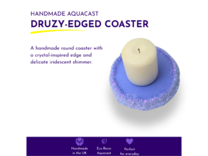 Handmade Periwinkle druzy-edged coaster holding a small ivory pillar candle, with purple product information and Kirnix branding on a white background.